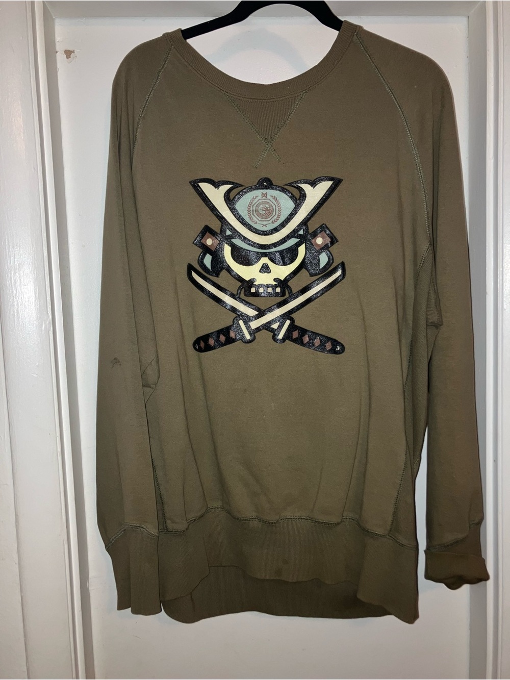 Men's Olive Crewneck Sweatshirt with Samurai Skull Graphic